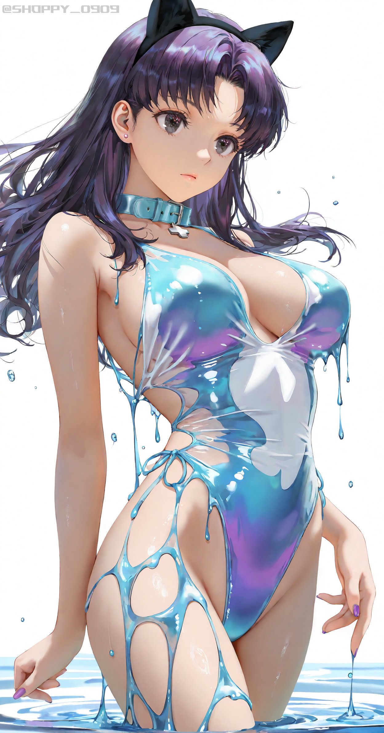 【新世纪福音战士】葛城美里的幻蓝水光之约 猫耳与液态质感的夏日绮梦