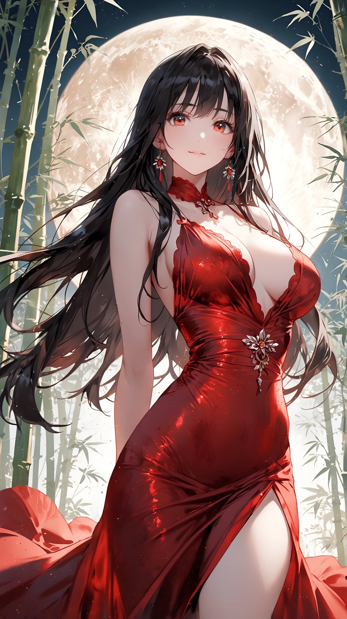 【原创插画】绯红月影下的竹林圆舞曲，这位神秘红裙少女是谁的心头好？