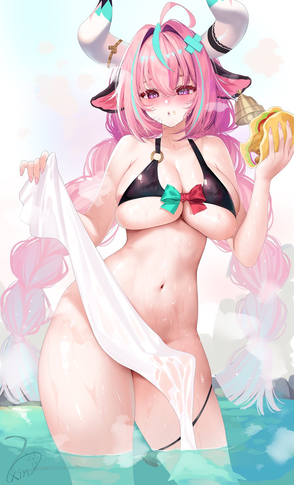 【原创/同人】元气萌牛娘的温泉小憩 粉发少女与美味汉堡的治愈午后